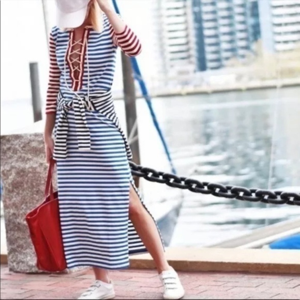 J. Crew Striped Nautical Lace-Up Maxi Dress